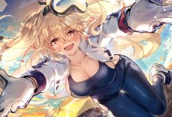 Rule 34 | 1girl, ahoge, azur lane, blonde hair, bluecher (azur lane), bluecher (high-altitude head over heels) (azur lane), blush, breasts, cleavage, commentary, fang, full body, goggles, heaven&#039;s melody, highres, incoming hug, large breasts, long hair, looking at viewer, mountain, official alternate costume, open mouth, outdoors, red eyes, shrug (clothing), sideboob, ski goggles, smile, snow, solo, sunset, two side up, white shrug