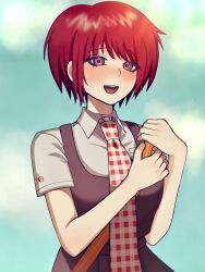 1girl :d bag blush brown_dress brown_eyes collared_shirt danganronpa_(series) danganronpa_2:_goodbye_despair day dress freckles highres koizumi_mahiru kun_(oxx_kn_xxo) looking_at_viewer necktie open_mouth outdoors plaid_clothes plaid_necktie red_hair school_uniform shirt short_hair short_sleeves shoulder_bag smile solo teeth