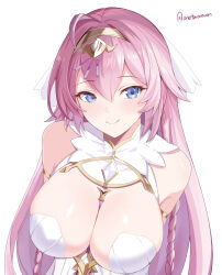 1girl ahoge armlet arms_behind_back bare_shoulders between_breasts blue_eyes braid breasts closed_mouth commentary dress epic_seven hair_between_eyes hair_ribbon highres huge_breasts jewelry long_hair pink_hair ribbon simple_background smile solo strap_between_breasts tenebria_(epic_seven) tiara twitter_username twomoon white_background white_dress white_ribbon witch_of_the_mere_tenebria_(epic_seven)