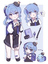 Rule 34 | 1girl, :q, aged down, anmin toufu, backpack, bag, bandaid, black skirt, blush, collared shirt, crime prevention buzzer, deformed, dress shirt, flute, highres, hololive, hoshimachi suisei, instrument, miniskirt, multiple views, notebook, open mouth, pencil case, pleated skirt, randoseru, school uniform, shirt, skirt, smile, star (mochipoyo), tagme, tongue, tongue out, virtual youtuber, white shirt