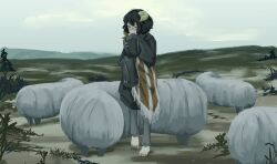 Rule 34 | 1girl, animal, barefoot, black hair, black jacket, bob cut, grey pants, grey sky, hand to own mouth, highres, horns, jacket, landscape, original, outdoors, overcast, pants, sheep horns, sky, sleeves past fingers, sleeves past wrists, solo, standing, surreal, yoshiryuu