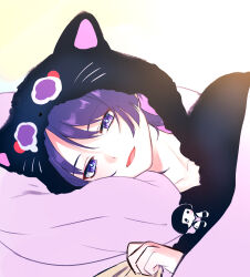 1boy animal_hood bed_sheet black_hoodie blunt_ends bright_pupils cat_hood collarbone doll eyelashes eyeliner eyeshadow fur_hoodie genshin_impact hag_(hag_015) head_on_pillow highres hood hoodie lying makeup male_focus on_side open_mouth pillow purple_eyes purple_hair red_eyeliner red_eyeshadow scaramouche_(genshin_impact) sheet_grab solo under_covers white_background white_mouth white_pupils