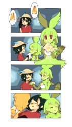 10s 3girls animal_ears bag black_hair cellien_(kemono_friends) cellval colored_skin comic food gloves green_skin hat head_wings highres japari_bun japari_symbol kaban_(kemono_friends) kemono_friends litamisu multicolored_hair multiple_girls open_mouth red_eyes serval_(kemono_friends) serval_tail short_hair tail wings