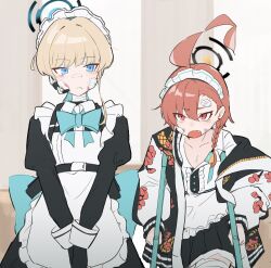 2girls ahoge apron bandaged_leg bandaged_neck bandages bandaid bandaid_on_face bandaid_on_nose black_dress blonde_hair blue_archive blue_eyes braid bruise bruise_on_face closed_mouth crutch dress ear_piercing fang frilled_apron frills gauze halo haramaki_(haranomaki) headset highres huge_ahoge injury jacket maid maid_headdress mole mole_under_each_eye mole_under_eye multiple_girls multiple_moles neru_(blue_archive) off_shoulder open_clothes open_jacket open_mouth piercing red_eyes red_hair shirt short_hair side_braid skirt sukajan toki_(blue_archive) white_apron white_shirt