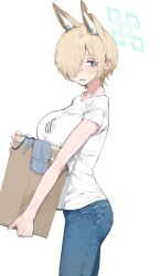 1girl absurdres alternate_costume animal_ears basket blonde_hair blue_archive blue_eyes blue_pants breast_rest breasts commentary cowboy_shot denim dog_ears english_commentary expressionless from_side hair_over_one_eye halo highres holding holding_basket jeans kanna_(blue_archive) kanna_(young)_(blue_archive) large_breasts laundry_basket lonklink looking_at_viewer looking_to_the_side official_alternate_hair_length official_alternate_hairstyle one_eye_covered pants sharp_teeth shirt short_hair short_sleeves simple_background solo t-shirt teeth white_background white_shirt