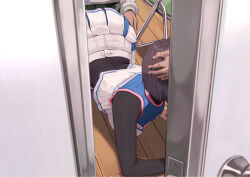 1girl 2boys all_fours black_hair cheerleader chicken_(chickenx) clothed_sex commentary_request covered_penetration door_handle doorway from_above group_sex hand_on_another&#039;s_ass hand_on_another&#039;s_head highres implied_fellatio implied_sex long_sleeves looking_inside mmf_threesome multiple_boys open_door original pleated_skirt pov_doorway short_hair skirt spitroast stealth_sex threesome wooden_floor