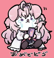 1girl animal_ears antenna_hair black_skirt braid braided_bun brown_pantyhose cellphone chibi chibi_only closed_mouth coat commentary crying double_bun hair_bun hair_ornament hair_ribbon hakui_koyori hakui_koyori_(1st_costume) hashtag-only_commentary highres holding holding_phone hololive lab_coat long_hair long_sleeves mairu_dou necktie open_clothes open_coat pantyhose phone pink_background pink_hair pink_necktie pink_ribbon purple_eyes ribbon simple_background sitting skirt smartphone solo tears translated virtual_youtuber white_coat wolf_ears wolf_girl