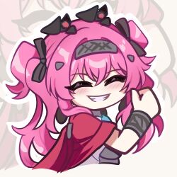 Rule 34 | 1girl, absurdres, armor, black bow, bow, breastplate, chibi, chibi only, closed eyes, commentary, flareza, grin, hair bow, hairband, headgear, highres, long hair, looking at viewer, lupa (wuthering waves), metal hairband, pink hair, red sash, romaji commentary, sash, smile, solo, thumbs up, wrist guards, wuthering waves, zoom layer