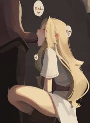 1boy 1girl absurdres ainne_(sushoartworks) apron black_pants blonde_hair blush brown_apron closed_eyes clothes_pull commentary dress english_commentary erection fellatio freckles from_side hetero highres indoors long_hair oral original pants pants_pull penis short_sleeves sidelocks solo_focus speech_bubble squatting standing sushoartworks sweat white_dress
