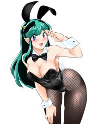 1girl absurdres animal_ear_hairband animal_ears aqua_hair black_bow black_bowtie black_hair black_leotard black_pantyhose blue_eyes bow bowtie breasts cleavage cone_horns detached_collar fake_animal_ears fishnet_pantyhose fishnets hairband hand_on_own_thigh highres horns large_breasts leotard long_hair looking_at_viewer lum multicolored_hair nanao_futaba pantyhose playboy_bunny pointy_ears rabbit_ears rabbit_tail salute simple_background smile solo strapless strapless_leotard tail two-tone_hair urusei_yatsura watermark white_background wrist_cuffs
