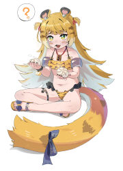1girl :3 ? absurdres animal_ear_fluff animal_ears bikini blonde_hair colored_inner_hair fang food food_on_face full_body green_eyes highres holding holding_food hottodg indian_style inflatable_armbands ju_fufu long_hair looking_at_viewer multicolored_hair navel open_mouth ruffle_bikini simple_background sitting solo speech_bubble spoken_question_mark steamed_bun swimsuit tail thigh_strap tiger_ears tiger_girl tiger_tail toes variant_set white_background white_hair yellow_bikini zenless_zone_zero