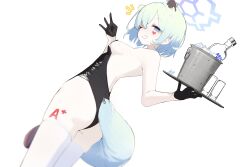 1girl absolut_vodka absurdres alternate_costume animal_ear_fluff animal_ears aqua_hair ass bare_shoulders black_gloves black_leotard blue_archive blue_eyes blue_halo breasts bucket commentary cup drinking_glass gloves halo highres holding holding_tray leg_tattoo leotard looking_at_viewer medium_breasts mona_kkkk nontraditional_playboy_bunny ok_sign one_eye_closed shigure_(blue_archive) short_hair sideboob simple_background skindentation smile solo strapless strapless_leotard tail tattoo thick_thighs thighhighs thighs tray weasel_ears weasel_girl weasel_tail white_background white_thighhighs