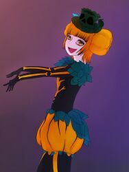 1girl animification dancer disneyland dress gloves hair_bun halloween halloween_costume happy hat ibispaint_(medium) long_hair looking_at_viewer open_mouth orange_hair smile solo user_drdh8755