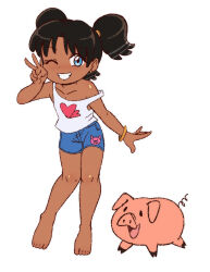 1girl animal animal_print barefoot black_hair blue_eyes blue_shorts blush bracelet collarbone commission dakunart dark-skinned_female dark_skin denim denim_shorts earrings flat_chest grin heart heart_print highres jewelry loli long_hair looking_at_viewer one_eye_closed open_mouth original pig pig_print print_shirt print_shorts shirt shorts smile standing strap_slip tank_top teeth twintails v white_background white_shirt wink