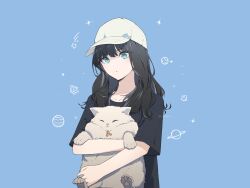 Rule 34 | 1girl, :o, animal, animal hug, baseball cap, bell, black hair, black shirt, blue background, blue eyes, cat, closed eyes, collarbone, commentary, grey hat, hat, highres, jingle bell, lexielex, long hair, neck bell, original, parted lips, shirt, short sleeves, simple background, solo, upper body