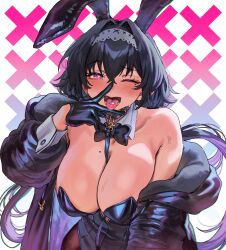 1girl absurdres animal_ears aochoku between_breasts black_bow black_bowtie black_choker black_gloves black_hair black_leotard blush bow bowtie breasts choker cleavage crossed_bangs drugs fake_animal_ears gloves grey_hairband hair_between_eyes hairband highres jacket large_breasts leotard long_hair looking_at_viewer mole mole_under_eye off_shoulder one_eye_closed open_clothes open_jacket open_mouth original pantyhose pill pink_eyes playboy_bunny purple_hair rabbit_ears simple_background solo sparkle strap_between_breasts sweat tongue tongue_out v v_over_mouth very_long_hair