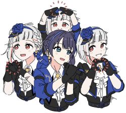 Rule 34 | 2girls, 4th live dream ~bloom the dream believers~, :d, afterimage, arms up, ascot, asymmetrical hair, black gloves, black jacket, blue eyes, blue flower, blue hair, blue hairband, blue jacket, blue rose, blush, braid, c:, closed mouth, collared shirt, commentary request, compass (love live!), cropped torso, dollchestra, dress shirt, flower, flower hairband, gloves, grey hair, hairband, half up braid, heart, heart hands, highres, jacket, link! like! love live!, llkapital, long hair, looking at viewer, love live!, motion lines, multicolored hair, multicolored jacket, multiple girls, murano sayaka, official alternate costume, official alternate hairstyle, open mouth, red eyes, red hair, rose, shirt, short hair, side braid, simple background, smile, speed lines, split mouth, streaked hair, three-quarter sleeves, two-tone jacket, virtual youtuber, white ascot, white background, white shirt, yugiri tsuzuri