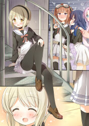 4girls ahoge akeuchi_yuu black_choker black_hairband black_pantyhose black_shirt black_thighhighs blonde_hair blue_eyes blue_hair blush brown_eyes cardigan choker dress fujinomisaki_school_uniform goggles hairband highres hoshikuzu_telepath ichiyo12 konohoshi_umika loafers long_hair long_sleeves multiple_girls pantyhose pink_cardigan pink_hair pink_ribbon pleated_dress raimon_matataki ribbon school_uniform shirt shirt_over_dress shoes short_dress short_hair sitting sitting_on_stairs stairs takaragi_haruno thighhighs tool_belt two_side_up white_dress yellow_eyes