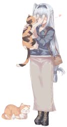 1girl az_toride black_boots black_headband boots breast_pocket calico cat covering_another&#039;s_eyes folded_hair full_body fuyutsuki_(kancolle) fuyutsuki_(rainy_season)_(kancolle) grey_jacket headband highres jacket kantai_collection lace-up_boots long_hair long_skirt official_alternate_costume one_side_up pocket simple_background skirt standing white_background white_skirt