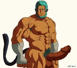 1boy abs animal_ears armpit_hair armpit_hair_peek bandaged_arm bandages bara beard blue_hair completely_nude erection facial_hair fire_emblem fire_emblem:_path_of_radiance fire_emblem:_radiant_dawn foreskin highres huge_penis large_pectorals looking_at_viewer male_focus male_pubic_hair mordecai_(fire_emblem) muscular muscular_male navel ne0_navi nintendo nude pectorals penis pubic_hair short_hair simple_background solo tail testicles veins veiny_arms veiny_penis white_background