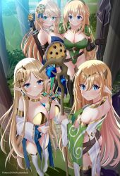 Rule 34 | 4girls, absurdres, alternate costume, ass, azur lane, bare shoulders, black gloves, blonde hair, blue eyes, blue gemstone, boots, breasts, brest (azur lane), chocolate chip cookie, cleavage, commentary request, cookie, cookie hair ornament, crossover, detached sleeves, elbow gloves, elf, food, food-themed hair ornament, gem, gloves, gold trim, hair ornament, helvetica std, highres, holding, holding behind back, holding polearm, holding sword, holding sword behind back, holding weapon, holding weapon behind back, howe (azur lane), large breasts, long hair, long sleeves, multiple girls, neptune (series), pelt, pointy ears, polearm, sheath, sheathed, staff, sword, vert (neptunia), very long hair, weapon, white footwear