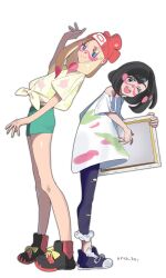 2girls beanie black_hair blonde_hair blue_eyes bob_cut boots bra_strap canvas_(object) capri_pants cosplay costume_switch denim from_side full_body hand_up hat holding_canvas hp45_301 jeans long_hair looking_at_viewer medium_hair mina_(pokemon) multiple_girls nintendo one_eye_closed open_mouth oversized_clothes oversized_shirt paint_splatter paint_splatter_on_face paintbrush pants pokemon pokemon_sm selene_(pokemon) shirt shoes shorts smile sneakers t-shirt tied_shirt torn_clothes torn_jeans torn_pants white_background