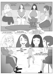 ! 1girl 4girls :o age_difference breasts clothed_female_nude_male english_text glasses hannyasan huge_breasts huge_penis long_hair monochrome multiple_girls nude open_mouth original penis short_hair shota sitting size_difference smile speech_bubble testicles