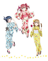 3girls :d aqua_eyes artbook blue_hair blush brown_hair candy_apple checkered_clothes checkered_kimono floral_print flower food full_body hair_bun hair_flower hair_ornament highres holding holding_food japanese_clothes kimono kunikida_hanamaru kurosawa_ruby long_hair looking_at_viewer love_live! love_live!_sunshine!! multiple_girls non-web_source obi official_art open_mouth purple_eyes red_hair sash simple_background smile standing tongue tongue_out tsushima_yoshiko twintails two_side_up white_background yellow_eyes yellow_kimono yukata