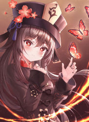 Rule 34 | 1girl, absurdres, black headwear, black nails, blush, brown hair, brown shirt, bug, butterfly, butterfly on hand, chinese clothes, commentary, commentary request, english commentary, fingernails, flower, genshin impact, hair flower, hair ornament, hands up, highres, hu tao (genshin impact), ichizon, insect, jewelry, long hair, long sleeves, looking at viewer, multiple rings, nail polish, red butterfly, red eyes, ring, shirt, solo, star-shaped pupils, star (symbol), symbol-shaped pupils, tassel, twintails