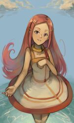 1girl absurdres anemone_(eureka_seven) blue_eyes blue_sky cloud dress eureka_seven eureka_seven_(series) hair_ornament hairclip highres kornod long_hair looking_at_viewer red_hair sky solo sundress very_long_hair