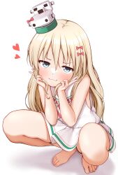 1girl :3 absurdres barefoot blonde_hair closed_mouth dress grecale_(kancolle) green_eyes hair_ornament hairclip hands_on_own_face hat highres kantai_collection long_hair looking_at_viewer low-cut_armhole mini_hat neckerchief one-hour_drawing_challenge sailor_collar sailor_dress side-tie_dress simple_background sleeveless sleeveless_dress smile solo squatting striped_neckerchief tiemu_(man190) v wavy_hair white_background white_dress white_sailor_collar