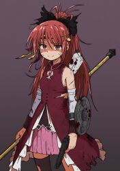 1girl bare_shoulders black_bow black_thighhighs bow dress frilled_dress frills gun hair_bow hair_ornament hairclip handgun highres holding holding_gun holding_polearm holding_weapon long_hair looking_at_viewer magical_musket mahou_shoujo_madoka_magica mahou_shoujo_madoka_magica_(anime) messy_hair okai_(pixiv6333) polearm ponytail red_dress red_eyes red_hair ribbon sakura_kyoko sakura_kyoko_(magical_girl) scar scar_on_arm shield sleeveless soul_gem thighhighs weapon yellow_ribbon