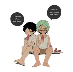 2boys arm_cast bad_feet bandaid bandaid_on_knee bandaid_on_leg barefoot black_hair blue_eyes blue_shorts cargo_shorts cove_holden curtained_hair eating english_text food fruit glasses green_eyes green_hair holding holding_food holding_fruit holding_watermelon invisible_chair jewelry looking_at_another looking_at_object main_character_(our_life) male_focus multiple_boys our_life:_beginnings_and_always plate ring ryuuieu sandals shirt short_hair shorts side-eyed single_bare_foot sitting speech_bubble t-shirt tank_top watermelon watermelon_slice white_background white_shirt white_tank_top