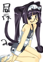 Rule 34 | 1girl, :3, animal ears, black one-piece swimsuit, cat ears, cat girl, cat tail, flat chest, glasses, hair intakes, highres, long hair, looking at viewer, maid headdress, one-piece swimsuit, original, purple eyes, purple hair, sandals, semi-rimless eyewear, simple background, sitting, solo, swimsuit, tail, twintails, veloexotica, very long hair, white background, white sandals, white wrist cuffs, wrist cuffs