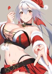 1girl bell breasts cosplay fate/grand_order fate_(series) finger_heart grey_background grey_hair gyaru_v hat heart highres kuroshiro_(ms-2420) large_breasts long_hair microskirt midriff navel neck_bell red_eyes red_nails santa_hat skirt suzuka_gozen_(fate) suzuka_gozen_(santa)_(fate) suzuka_gozen_(santa)_(fate)_(cosplay) tomoe_gozen_(fate) v wavy_mouth