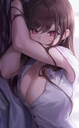 Rule 34 | 1girl, backlighting, bed sheet, blush, breasts, brown hair, cleavage, commentary request, gongha, highres, large breasts, light particles, long hair, looking at viewer, lying, mole, mole on breast, on bed, on side, original, partially unbuttoned, pov, purple eyes, shirt, short sleeves, white shirt