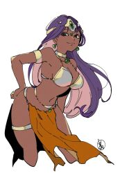 1girl armlet armor bikini_armor breasts brown_eyes circlet cleavage cropped_legs dark-skinned_female dark_skin dragon_quest dragon_quest_iv earrings forehead_jewel gem green_gemstone hand_on_own_hip highres jewelry konakawa large_breasts leaning_forward loincloth long_hair looking_at_viewer manya_(dq4) metal_bikini metal_bra navel neck_ring orange_loincloth pelvic_curtain purple_hair smile solo sphere_earrings thighlet