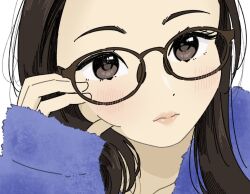 Rule 34 | 1girl, animification, blush, brown eyes, brown hair, collarbone, half-heart hands, lips, llkapital, long sleeves, looking at viewer, nonaka kokona, photo-referenced, portrait, real life, simple background, sleeves past wrists, solo, voice actor, white background