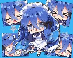 &gt;_&lt; 0_0 1girl :3 :d apron blue_background blue_dress blue_eyes blue_shoes blush chibi chibi_only closed_eyes closed_mouth commentary dress frilled_apron frilled_dress frills full_body highres holding holding_phone long_sleeves looking_at_viewer maid_headdress milkpanda multiple_views open_mouth original outline phone shoes smile socks star_(symbol) thick_eyebrows wavy_mouth white_apron white_outline white_socks x3