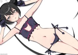 1girl arms_up bare_legs black_bra black_gloves black_hair black_panties blue_archive blush bra breasts cat_cutout cat_ear_panties cat_lingerie cleavage cleavage_cutout clothing_cutout double_bun frilled_bra frills gloves grey_eyes grey_halo hair_between_eyes hair_bun hair_ornament halo highres kisaki_(blue_archive) long_hair looking_at_viewer lying meme_attire navel on_back panties parted_lips simple_background small_breasts stomach tsunderemaids twintails underwear underwear_only very_long_hair white_background