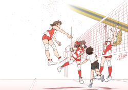 Rule 34 | 4girls, artist name, ball, bike shorts, black shorts, blonde hair, brown eyes, brown hair, commentary, dated, elbow pads, girls und panzer, gym shirt, gym uniform, hair pulled back, hairband, headband, highres, isobe noriko, jumping, kawanishi shinobu, knee pads, kondou taeko, long hair, looking to the side, medium hair, motion blur, multiple girls, ponytail, red headband, red shirt, red shorts, red socks, sasaki akebi, satou yasu, shirt, shoes, short hair, short ponytail, short shorts, short sleeves, shorts, signature, single vertical stripe, sleeveless, sleeveless shirt, sneakers, socks, spiking, sportswear, t-shirt, volleyball, volleyball (object), volleyball net, volleyball uniform, white hairband, white shirt, white shoes