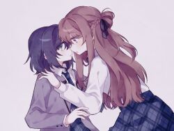 Rule 34 | 2girls, black hair, black necktie, black skirt, blazer, blue eyes, blush, braid, brown eyes, brown hair, commentary, grey background, grey jacket, gyeolbaek, half up braid, hashtag-only commentary, highres, imminent kiss, jacket, long hair, long sleeves, medium hair, miyagi shiori, multiple girls, necktie, open mouth, plaid clothes, plaid skirt, school uniform, sendai hazuki, shirt, shuuniichido classmate wo kau hanashi, simple background, skirt, white shirt, yuri