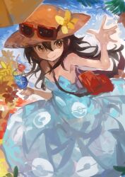 1girl absurdres bag black_hair blush breasts brown_eyes brown_hair brown_hat closed_mouth cup dress eyewear_on_headwear flower hair_between_eyes hat hat_flower highres holding holding_cup kaamin_(mariarose753) long_hair looking_at_viewer nintendo orange-framed_eyewear poke_ball_print poke_ball_symbol poke_ball_theme pokemon pokemon_sm red_bag sightseer_(pokemon) smile solo strapless strapless_dress straw_hat sun_hat sunglasses yellow_flower