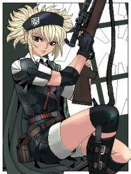 belt beret blonde_hair fingerless_gloves gloves gun hat knife lowres punpun red_eyes rifle scar solo uniform weapon