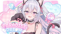 Rule 34 | 1girl, :d, animal ear fluff, animal ears, animal hands, balloon, bare shoulders, bell, black bra, black gloves, bra, candy, cat ears, cat lingerie, cat tail, commentary request, elf, fake animal ears, fang, floating hair, food, gloves, grey hair, heart, heart balloon, heart in eye, highres, indie virtual youtuber, jingle bell, lollipop, long hair, looking at viewer, neck bell, open mouth, paw gloves, pointy ears, purple eyes, smile, solo, sora72iro (vtuber), sora 72-iro, swirl lollipop, symbol in eye, tail, two side up, underwear, underwear only, upper body, virtual youtuber