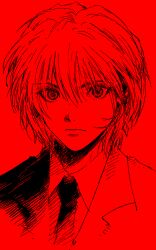 1boy expressionless formal_clothes frown hatching_(texture) highres hunter_x_hunter kurapika male_focus monochrome my_nameisyoon necktie portrait solo suit