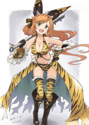 10s 1girl 2016 :d animal_print bare_shoulders bikini black_gloves blush breasts brown_hair cape clarisse_(granblue_fantasy) cleavage club_(weapon) dated errant female_focus front-tie_top gloves granblue_fantasy green_eyes hair_ribbon horns kanabou large_breasts long_hair looking_at_viewer navel oni open_mouth ponytail ribbon simple_background smile solo swimsuit thighhighs tiger_print weapon