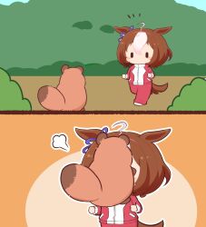 Rule 34 | 1girl, animal ears, animal on face, blush, bow, brown hair, chibi, chibi only, commentary request, day, ear ribbon, gomashio (goma feet), horse ears, horse girl, horse tail, jacket, long sleeves, meisho doto (umamusume), multicolored hair, no mouth, outdoors, outline, pants, puff of air, purple ribbon, red jacket, red pants, ribbon, short hair, tail, tracen training uniform, track jacket, two-tone hair, umamusume, white hair, white outline, | |