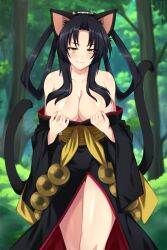 1girl animal_ear_fluff animal_ears bare_shoulders black_hair black_kimono blurry blurry_background blush breasts cat_ears cat_girl cat_tail cleavage closed_mouth collarbone commentary curtained_hair day english_commentary female_focus forest grin hair_rings high_school_dxd highres japanese_clothes kimono kuroka_(high_school_dxd) large_breasts lindaroze long_hair long_sleeves looking_at_viewer multiple_tails nature no_bra obi outdoors parted_bangs sash slit_pupils smile standing tail thigh_gap thighs two_tails wide_sleeves yellow_eyes
