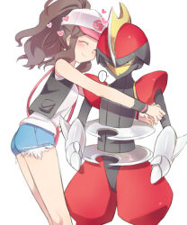 ... 1girl 1other annoyed arm_blade ayamoto bag bisharp black_trim black_vest black_wrist_cuffs blush brown_hair denim denim_shorts facing_another facing_to_the_side gauntlets gen_5_pokemon handbag hat heart helmet hilda_(pokemon) hug leaning_forward long_bangs looking_to_the_side nintendo open_clothes open_vest outstretched_arms pokemon pokemon_(creature) pokemon_bw ponytail red_bag red_helmet red_trim shirt shorts shoulder_pads sleeveless sleeveless_shirt speech_bubble torn_clothes torn_shorts vest weapon white_background white_hat white_shirt wrist_cuffs